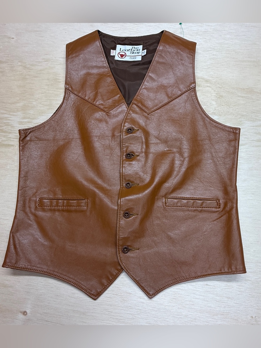 VTG Sears The Leather Shop Western Vest Mens 42 Tall Brown Leather Cowboy USA